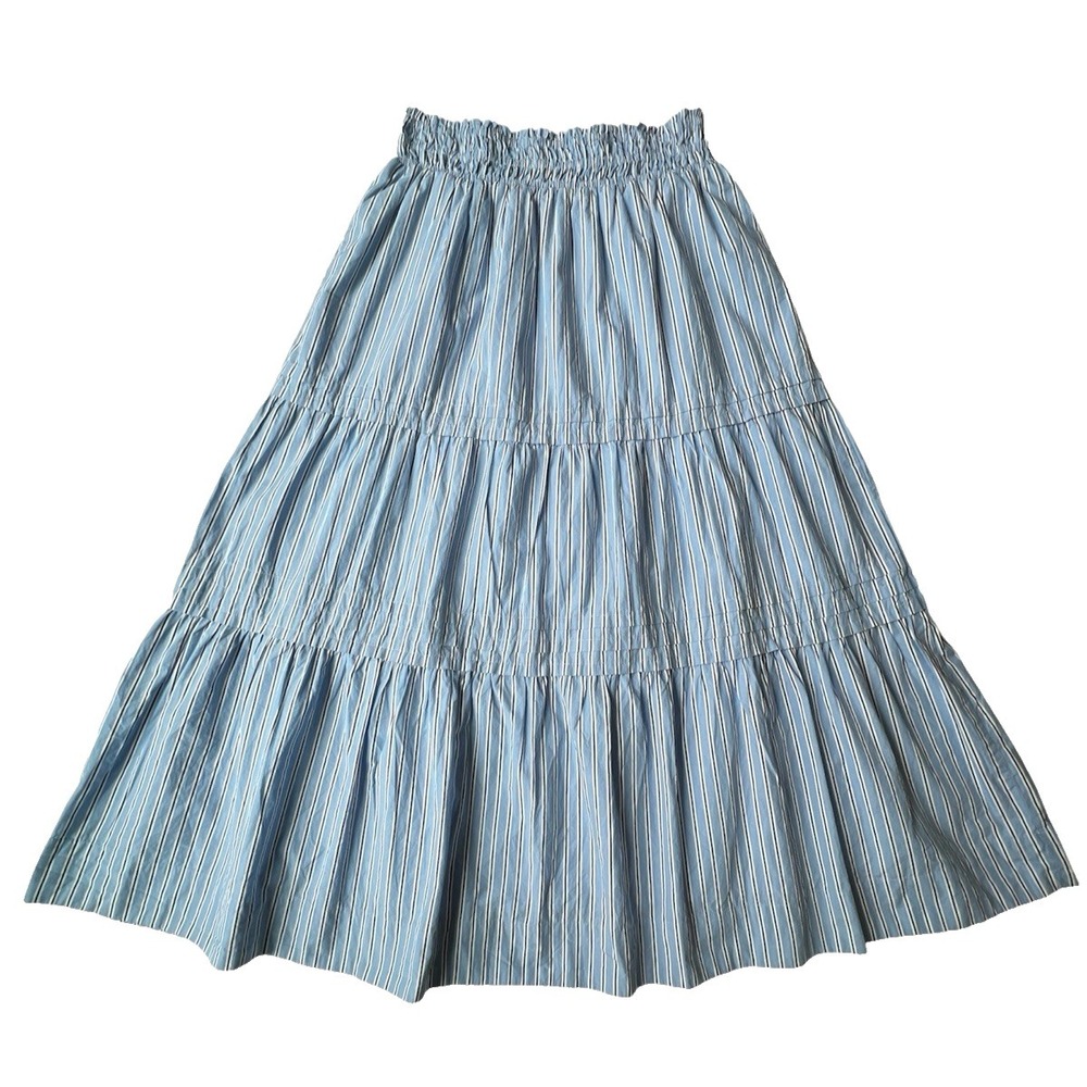Quince Organic Cotton Poplin Tiered Maxi Skirt M Tribeca Stripe Blue - Picture 5 of 8